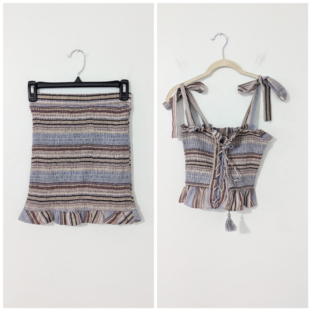 Storia Striped Smocked Lace Up Tie Sleeve Tank Top Ruffle Skirt Set Small S
